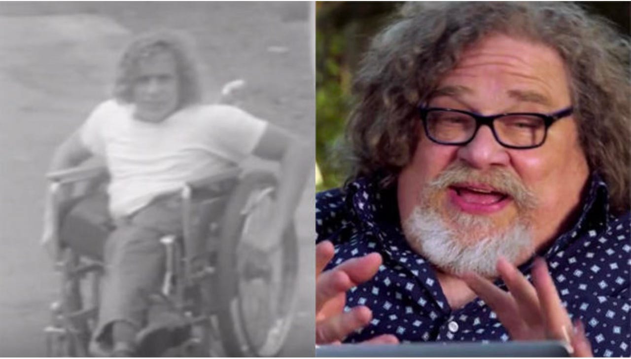 A side-by-side split of Jim LeBrecht. On the left, the image is black and white, and he's in a white T-shirt and what looks like jeans, and he's sitting in his wheelchair, staring at the camera with frizzy chin-length hair. On the right, he's middle-aged, has a white goatee, and is talking animatedly with his hands. He has curly brownish hair and is wearing a navy button-up with a small white pattern.