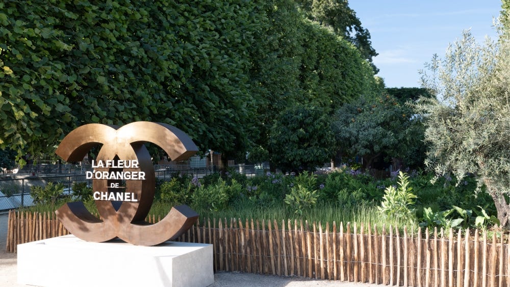 Outside Chanel's installation at the Jardins, Jardin event in Paris.