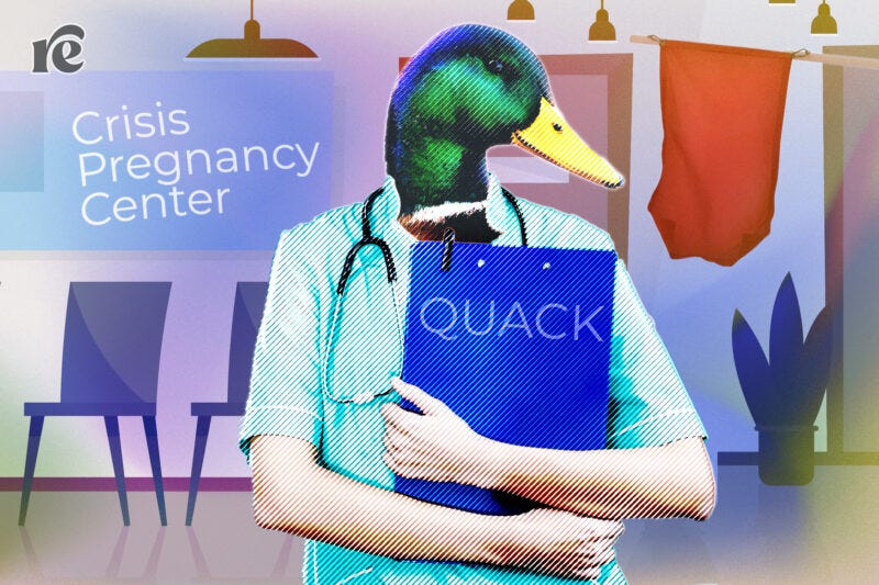 A digital illustration of a medical clinic, with a person holding a clipboard in the foreground. The person's head is a duck's green head, and the clipboard says "quack."