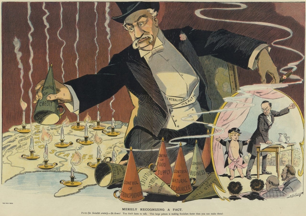 Cartoon Depicting A Giant Businessman Looking Like J.P. Morgan And Labeled  'Centralized Wealth' Snuffing Out Candles Representing Smaller Businesses  And Entrepreneurial Values Across The United States. In An Insert A  Socialist Speaker -