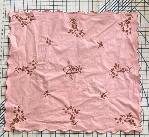 Vintage Embroidered Tablecloth • Pink w Brown Floral Embroidery • 29” x 27” - Picture 1 of 3