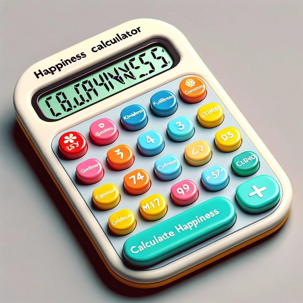 A happiness calculator designed to resemble a traditional calculator, but with keys labeled for factors contributing to happiness instead of numbers and mathematical operations. The device features a cheerful, inviting design with bright colors and a user-friendly interface. It includes a large, easy-to-read LCD screen that displays the calculated level of happiness in positive terms. The body is made of high-quality plastic with a smooth finish, and the keys include labels such as 'Gratitude', 'Kindness', 'Fulfillment', and 'Connection', along with a 'Calculate Happiness' button for determining overall well-being.