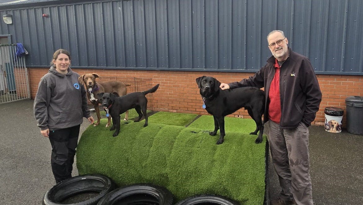 May be an image of 2 people, dog and grass