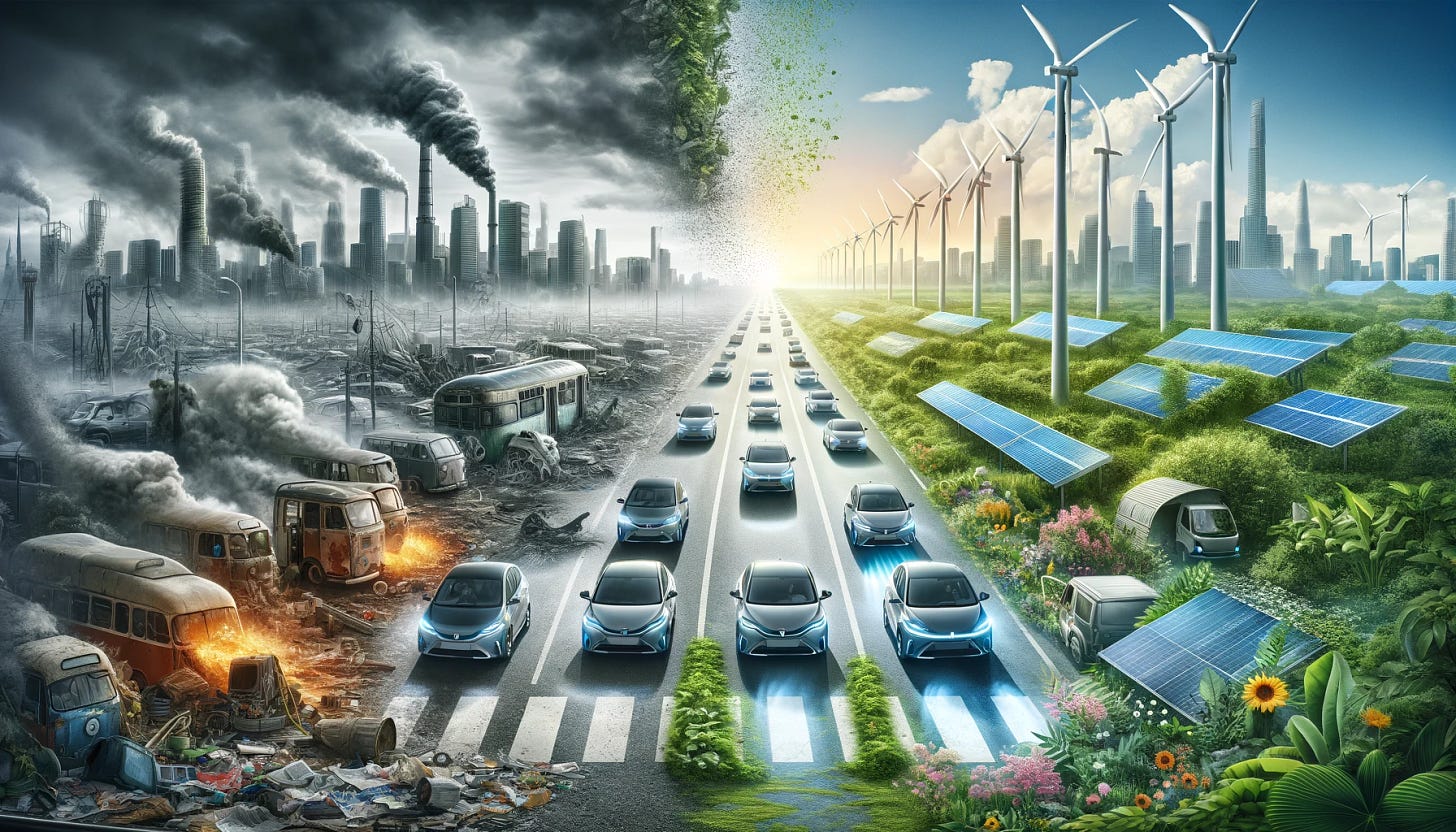 Visualize the transformative process from gas-powered cars to electric cars, with a strong environmental contrast. On the left, depict gas-powered cars in a polluted, grim urban setting with smoggy skies and littered streets. Transitioning to the right, show electric cars in a clean, vibrant environment with clear skies, lush greenery, wind turbines, and solar panels. The image should capture the stark differences in the impact of each vehicle type on the environment, symbolizing progress towards a sustainable future. The ratio should be 5:3.
