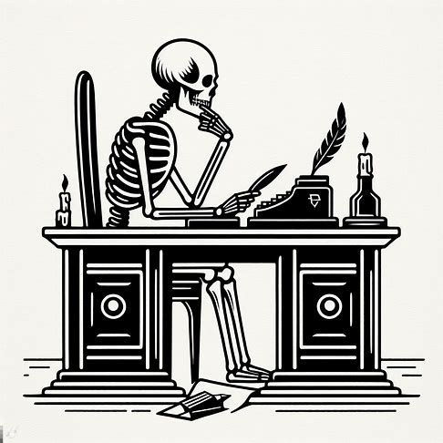 a simple drawing of a skull sitting at a desk in deep thought in black and white with an inkwell, piece of paper, and candles in art deco. Image 1 of 4