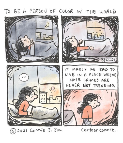 To Be A Person Of Color In The World Cartoon illustration about living in a country where hate crimes against people of color are "normal." Sketchbook journal comic by Connie Sun, cartoonconnie