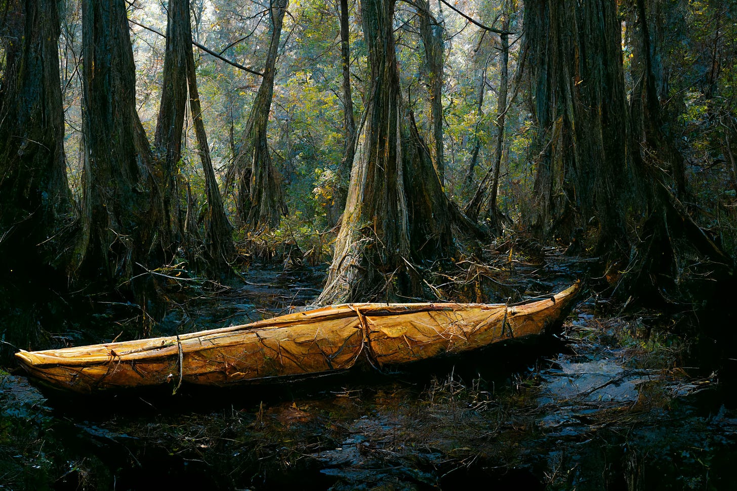 a wooden canoe tied to a tree in a cypress swamp