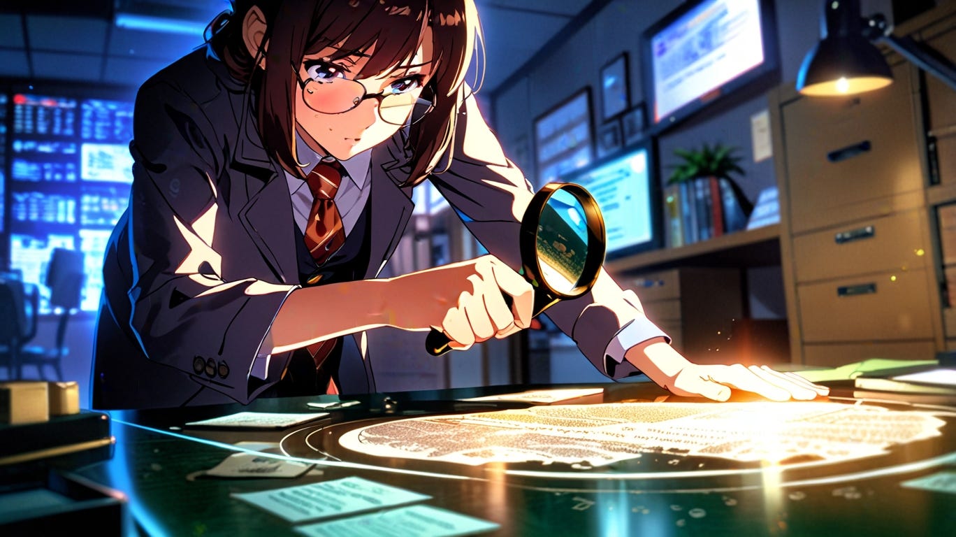 ilustración estilo manga de una mujer detective examinando unas marcas mágicas