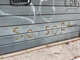 graffiti on a garage door says, mysteriously, "so soft"