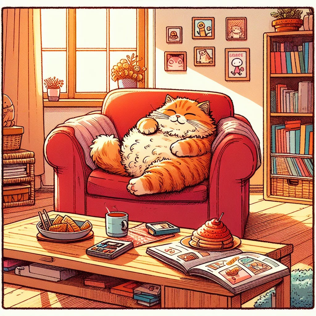 Fat cat slouching on a couch being lazy