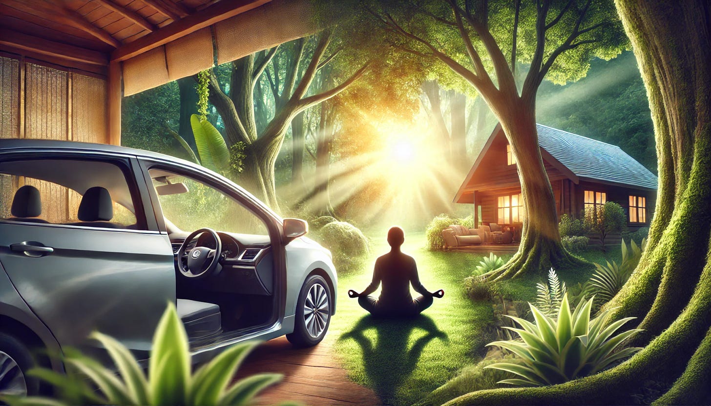 A serene scene depicting a person sitting in a car, parked in a peaceful, natural setting with lush greenery and sunlight filtering through the trees. The person is meditating, eyes closed, with a calm and content expression. In the background, a cozy, welcoming home is visible, symbolizing the transition from a stressful day at work to a peaceful evening with family. The overall atmosphere should convey tranquility, mindfulness, and the presence of nature.