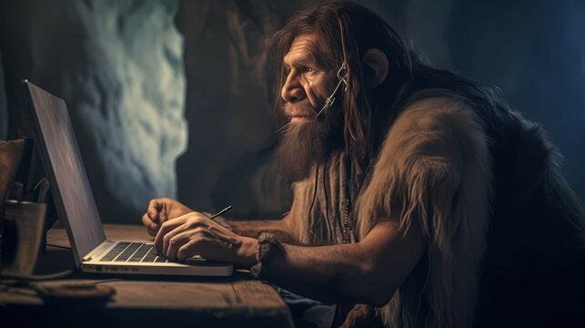 A caveman working at a computer. Generative AI