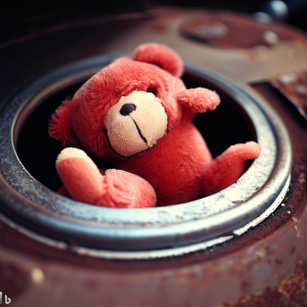 A beanie baby stuffed in a wheel well