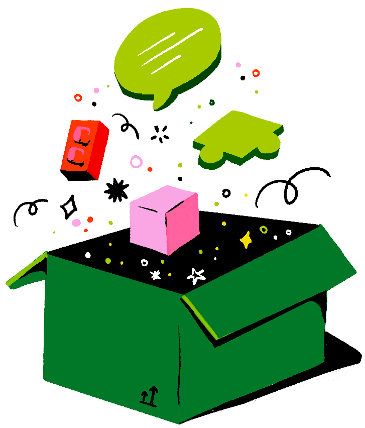 A decorative illustration of a lego, block, puzzle, and a speech bubble falling into a box.