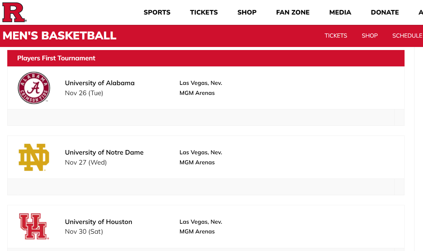 Screenshot of the Rutgers men’s basketball web page that erroneously swapped the order of Alabama and Notre Dame on the schedule. The order was later corrected.