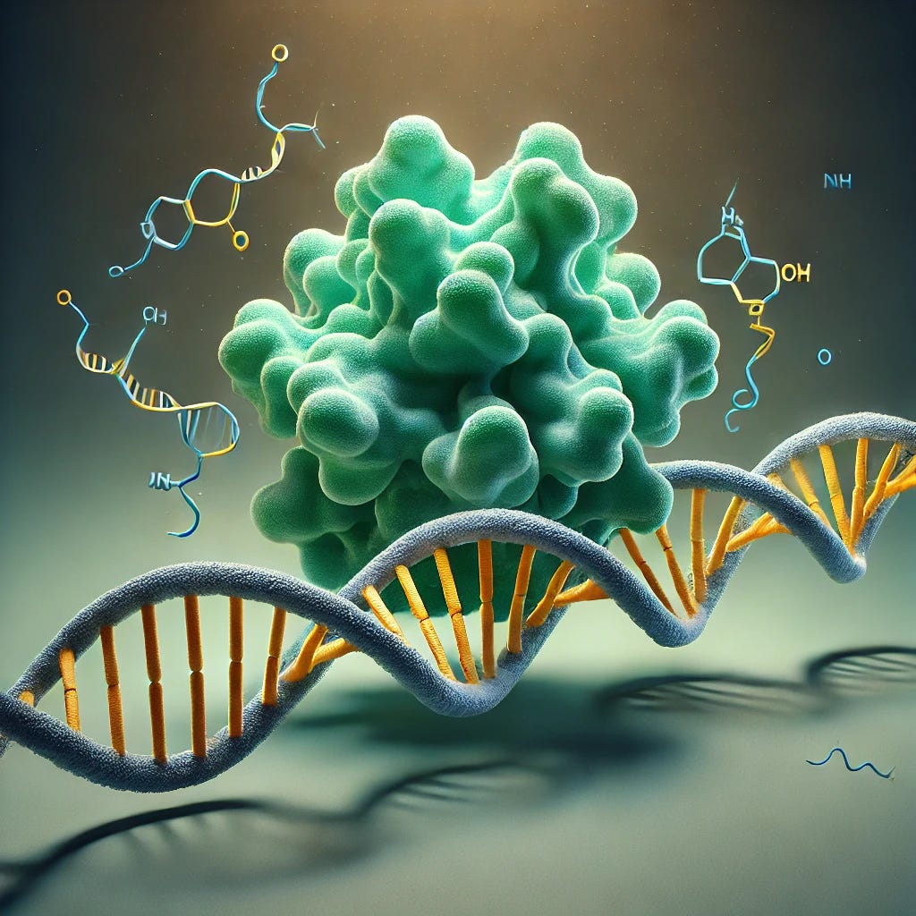 A minimalistic, scientifically accurate 3D rendering of CRISPR-Cas9 protein in a realistic, simplified form similar to a protein model. The Cas9 protein is depicted as a green, molecular blob structure with smooth edges, holding and precisely cutting a DNA double helix strand that is blue and yellow, aligned similarly to a textbook molecular illustration. Background is dark and simple, putting full focus on the interaction, similar to molecular science visualizations.