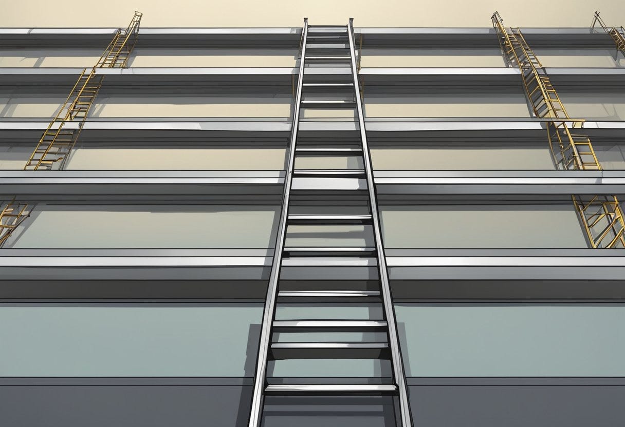 A ladder reaching from the ground to a high platform, with each rung representing a small step towards a large goal