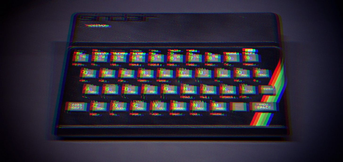 Photo of a 48k ZX Spectrum, with blurring/glitching effects added.