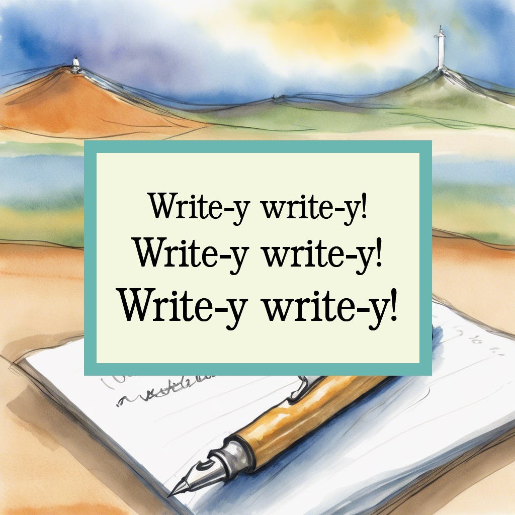 The second in a series of five images mimicking the style of popular children’s picture book “We’re going on a bear hunt” written by Michael Rosen and illustrated by Helen Oxenbury. The background image is a watercolour rendering of a piece of notepaper with a fountain pen resting on it, with a green landscape in the back. A beige text box with an aqua border is imposed over the top. Inside the box, the phrase “Write-y write-y!” is repeated three times, with each line in slightly larger font.