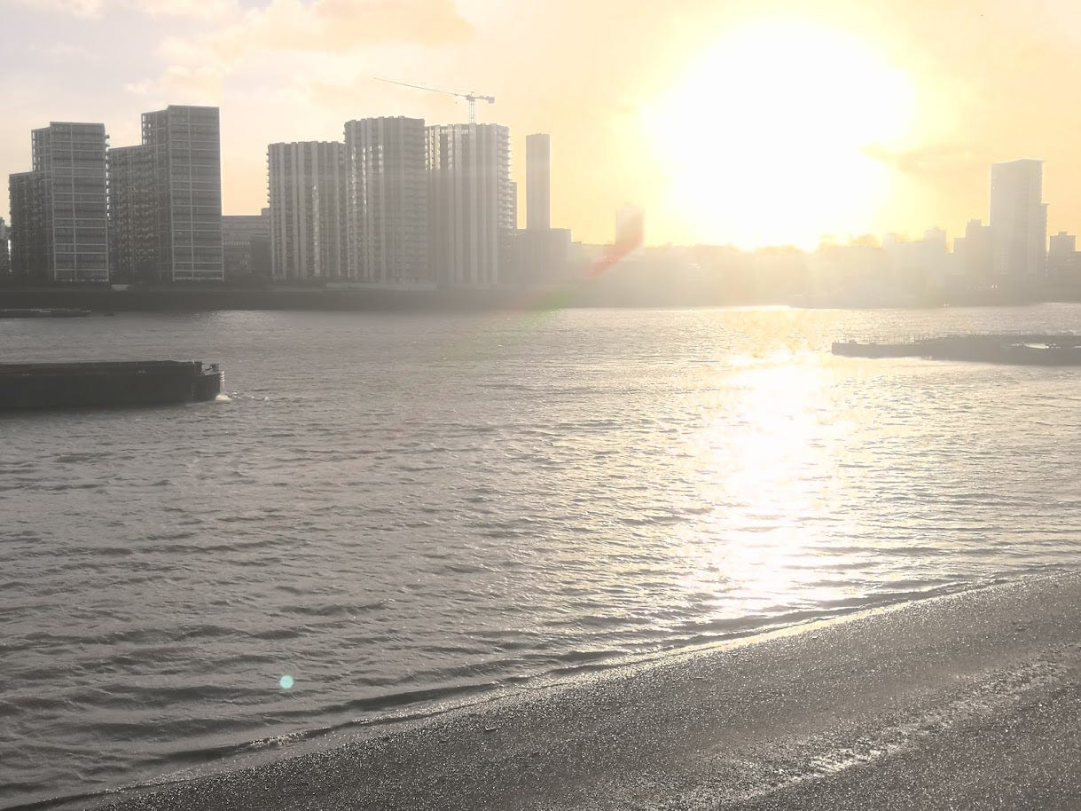 Bright, low sun over the river Thames