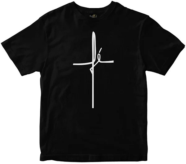 Camiseta preta com uma estampa branca escrita a palavra fé.
