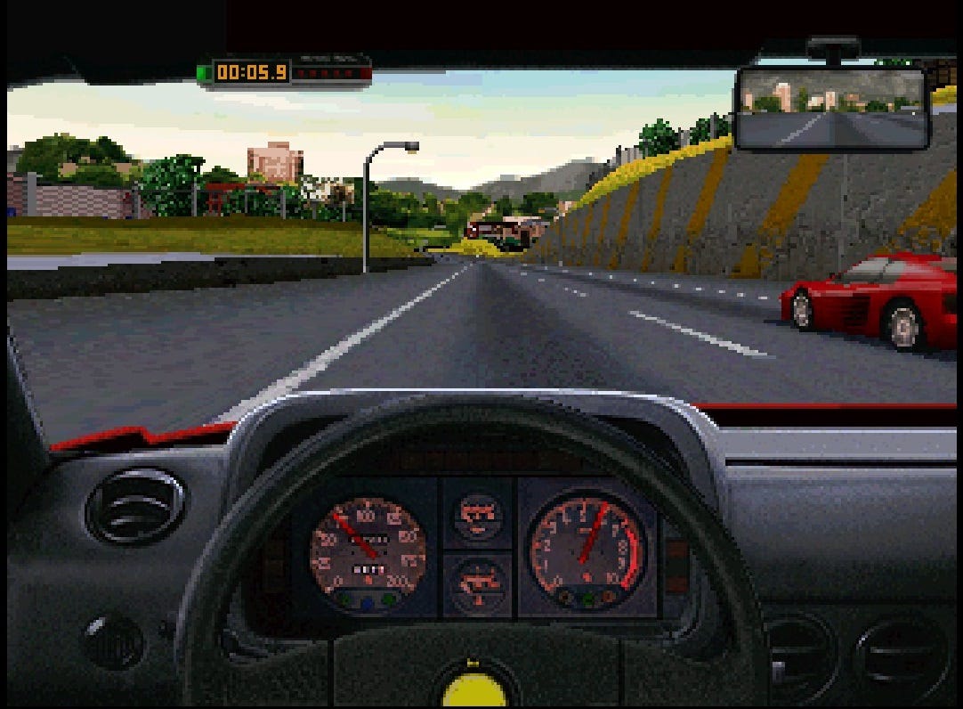 A screenshot of the interior of your vehicle, on the game's first track, which takes place on a highway that cuts through a city. Your rival is shown on the righthand side of the road, in their very noticeable and very red sports car.