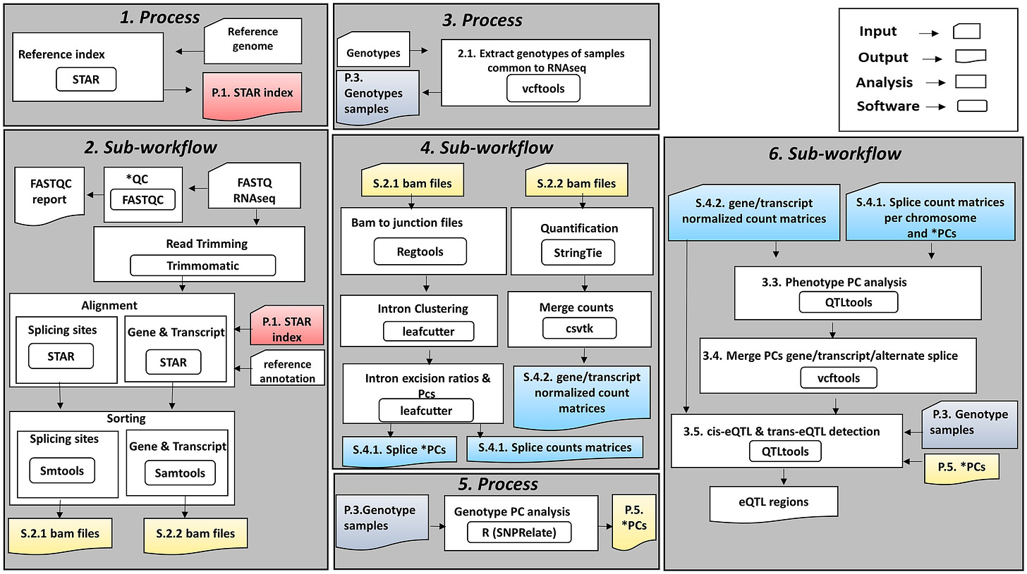 eQTL-Detect bioinformatics pipeline: each grey block represents an independent Nextflow process or sub-workflow. Some input/output boxes are coloured to represent the flow of data between processes and sub-workflows, example: ‘P.1. STAR index’ coloured in red to represent the reference genome STAR index output from 1. Process is used as input in 2. Sub-workflow. The shape of individual entities in grey blocks refers to input, output, analysis or software as shown at the top right of the figure. *QC, quality control; PCs, principal components.