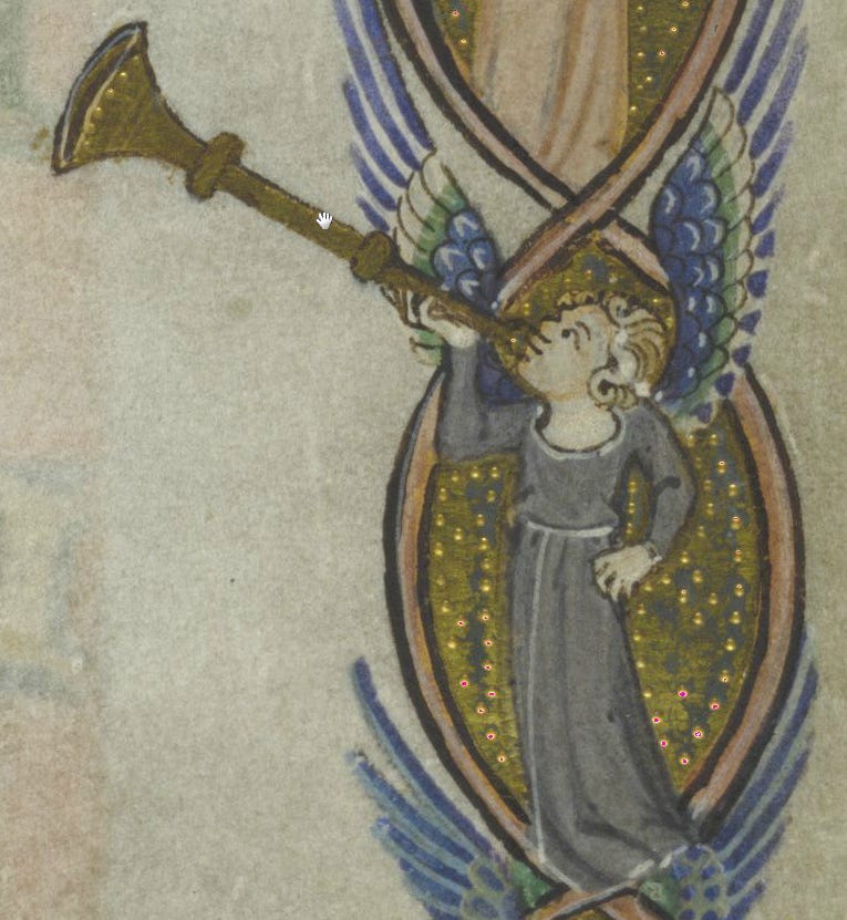 A medieval angel casually holds aloft a trumpet bigger than they are, with one hand. 