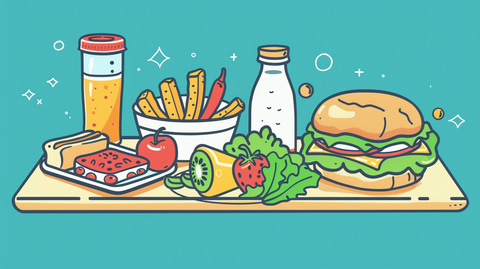 A colorful clipart illustration of a lunch tray with a huge sandwich, vegetables, a small bottle of milk, a tomato, a bottle of soda, and a side of yellow paprika.