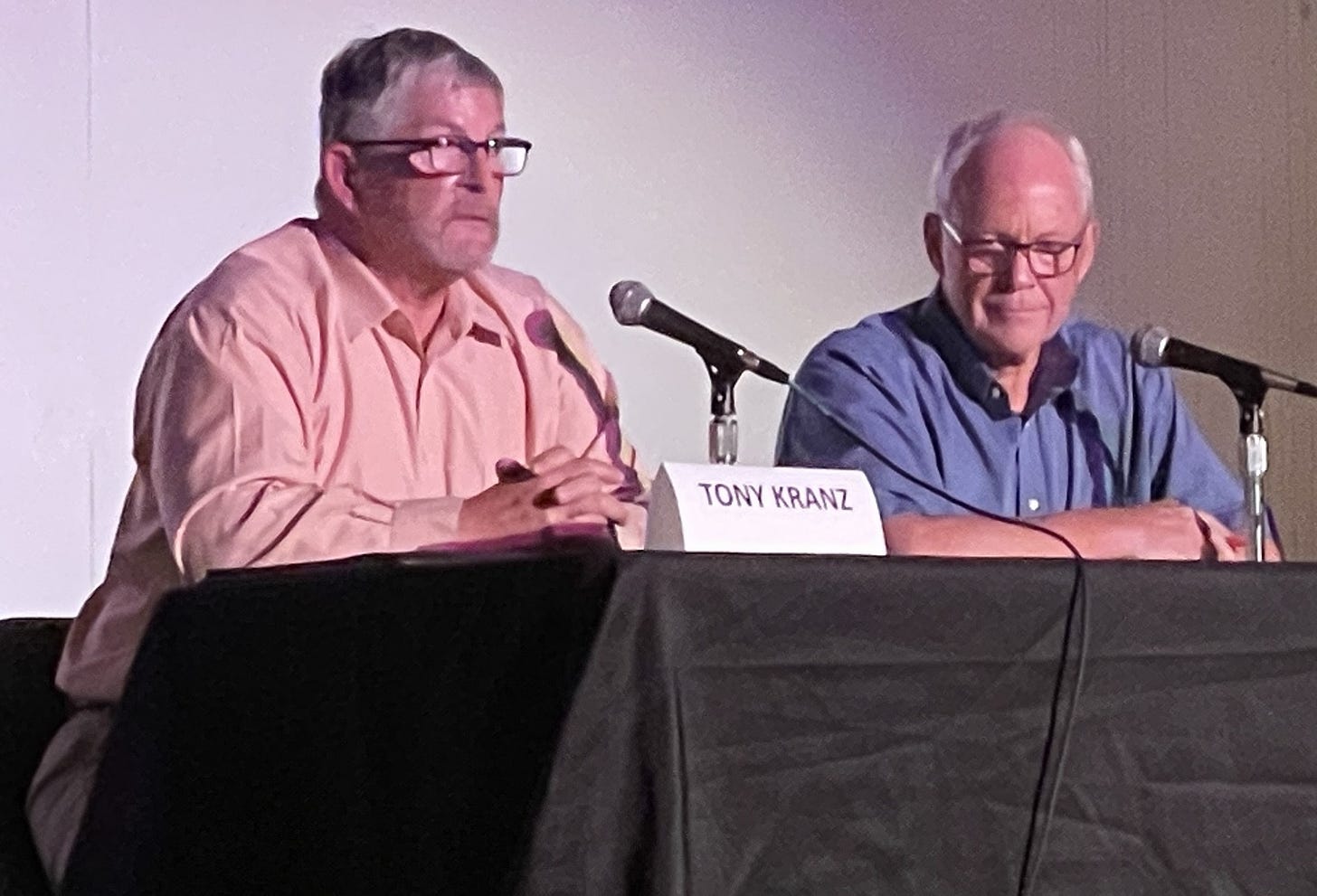 Encinitas Mayor Tony Kranz, left, and Councilman Bruce Ehlers participated in a debate on Monday at La Paloma Theatre. The two crafted topics together and participated in the debate in the lead-up to the Nov. 5 election. Steve Puterski photo