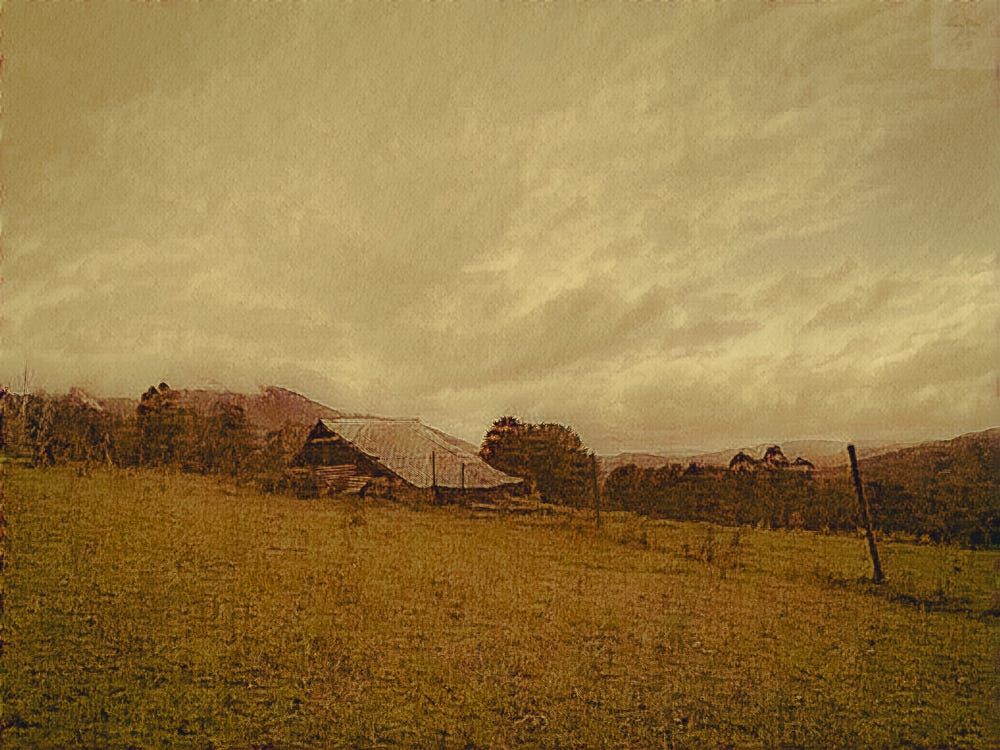 Digital 'pastel' artwork: meadow with diagonal fence-line, shed with low, sweeping roof; view of distant hills under a big, cloudy sky