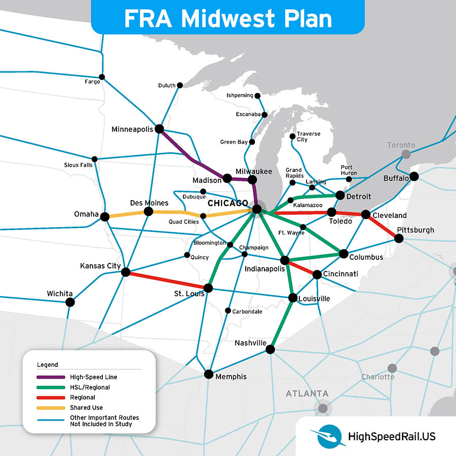 A map of the FRA Midwest Rail Plan showing proposed rail connections across the region, with Chicago as the central hub. High-speed rail lines (red), regional lines (green), and shared-use lines (yellow) connect major cities including Minneapolis, St. Louis, Detroit, Cleveland, Indianapolis, and Kansas City. Additional cities such as Omaha, Des Moines, Columbus, and Nashville are included in the network. The map features a legend indicating the different rail types and highlights Chicago’s role as the focal point of the Midwest rail system.