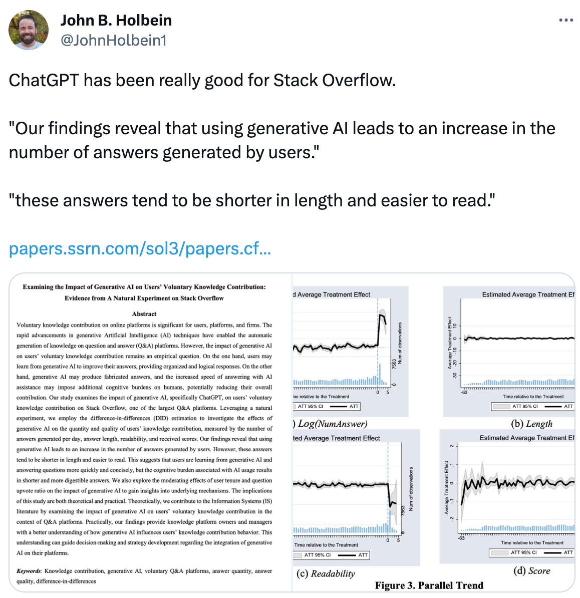  John B. Holbein @JohnHolbein1 ChatGPT has been really good for Stack Overflow.   "Our findings reveal that using generative AI leads to an increase in the number of answers generated by users."   "these answers tend to be shorter in length and easier to read."  https://papers.ssrn.com/sol3/papers.cfm?abstract_id=4462976