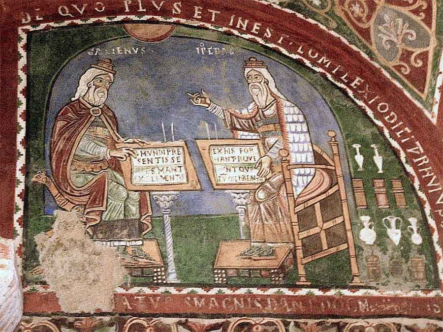 The diagnostic methods and treatments in the Trotula are based on the theories of Claudius Galen and Hippocrates, shown in this 12th century mural from Anagni in Italy. 