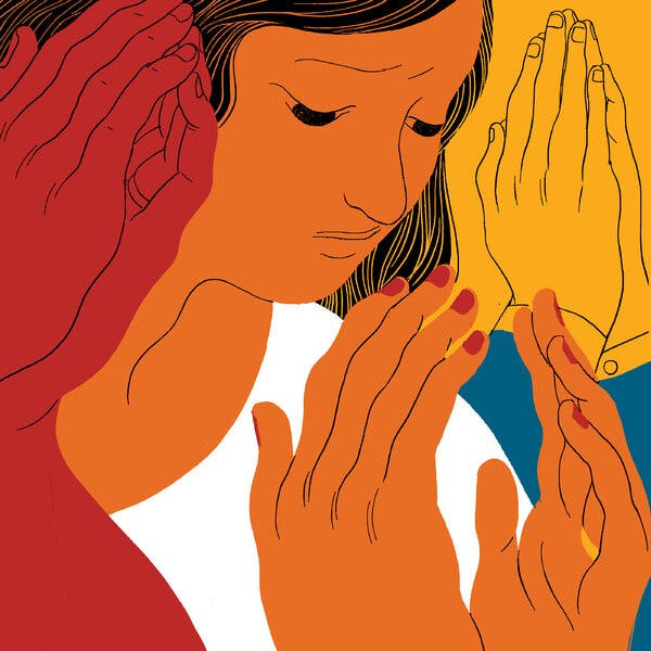 An illustration of a person with hands not quite in prayer surrounded by several pairs of praying hands.