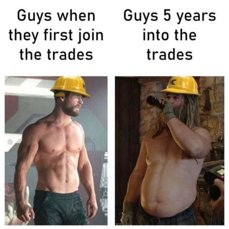 This may contain: two men wearing hard hats, one with no shirt on and the other without shorts