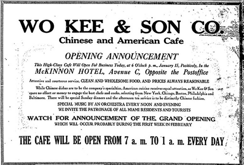 Figure 2: Ad for Wo Kee & Son cafe in 1920