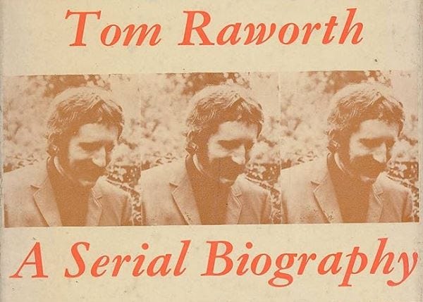 Cover text in red enclosing three identical photographs of Tom Raworth in a light jacket and dark polo neck, looking downwards