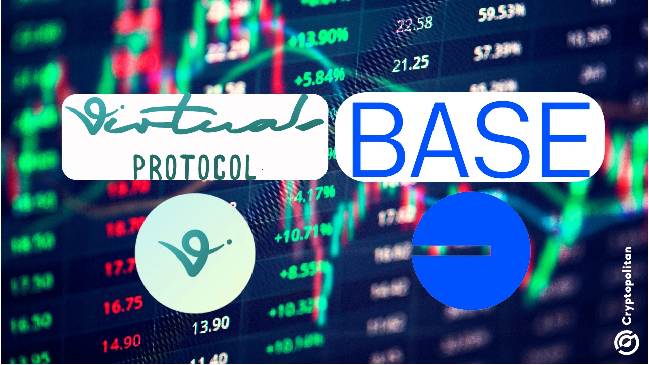 Virtuals Protocol and Base logos with a trading screen in the background