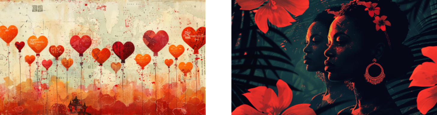 Left: Heart-shaped balloons in various shades of red and orange floating against a textured background. Right: A silhouette of a woman with flowers in her hair, reflected in a mirror with vibrant red flowers and dark leaves around.