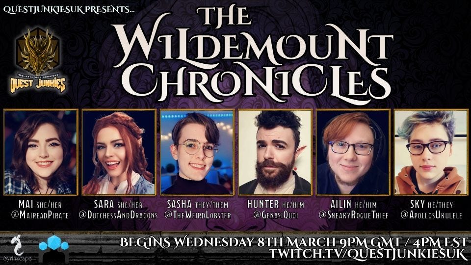 The picture depicts the cast of the Wildemount Chronicles campaign on QuestJunkiesUK.