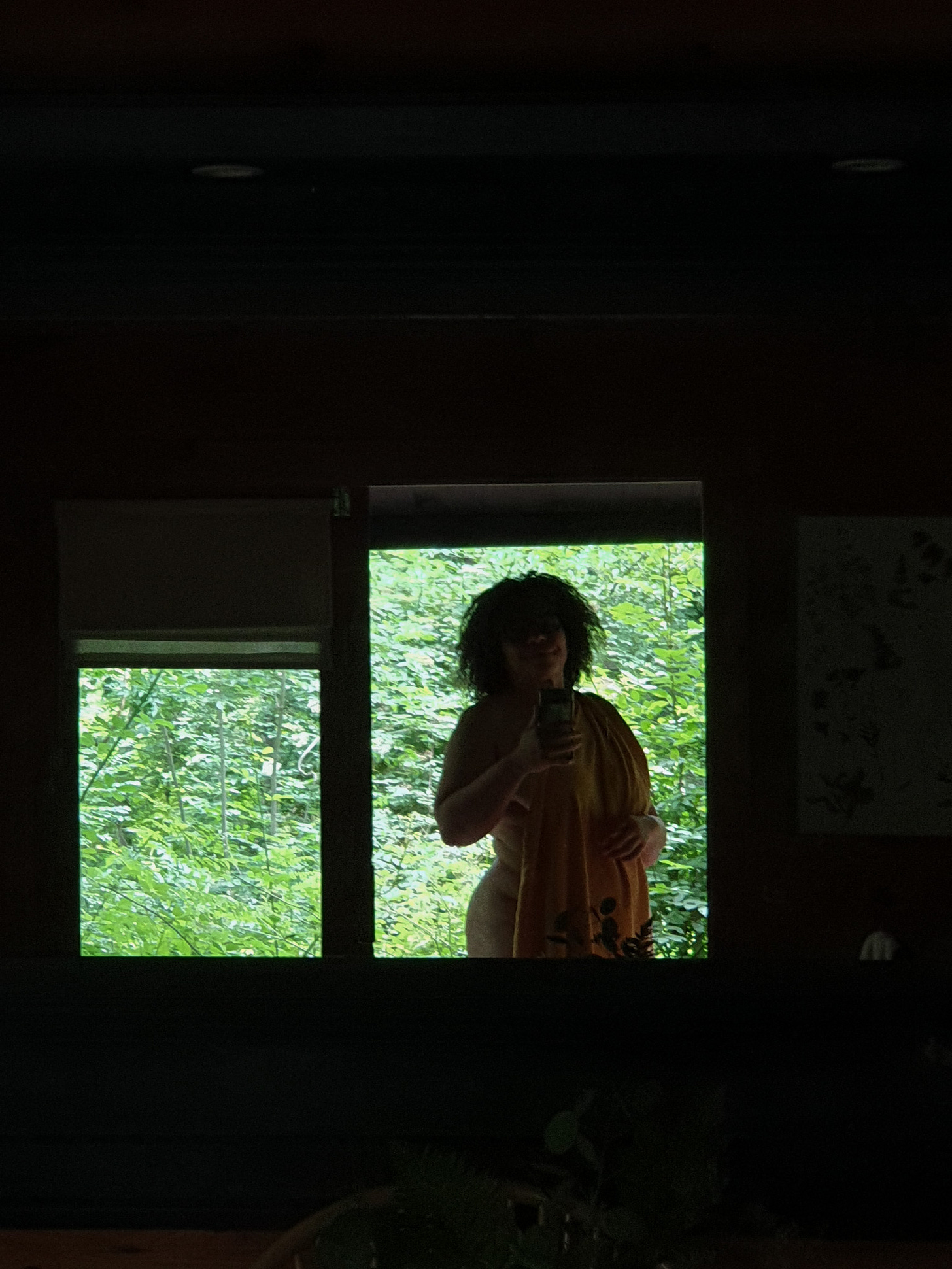 Photo of a woman taken through a window, she is naked but covered by a throw.
