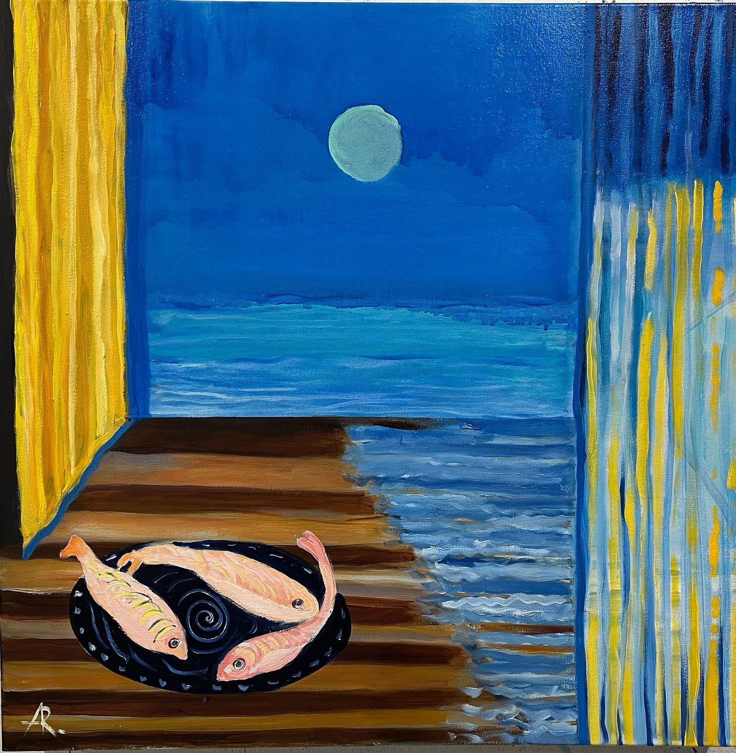 A painting of fish on a plate

Description automatically generated