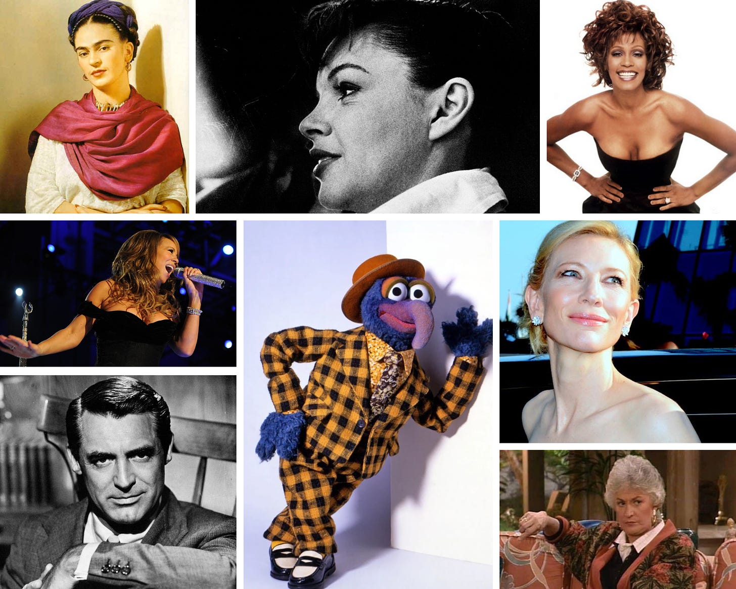 A grid of 8 individuals (clockwise): Frida Kahlo, Judy Garland, Whitney Houston, Cate Blanchett, Dorothy Zbornak, Gonzo, Cary Grant, and Mariah Carey.