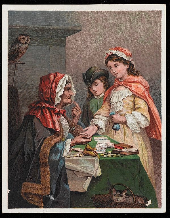 image: vintage painting of a hooded crone telling fortunes with cards and palmistry
