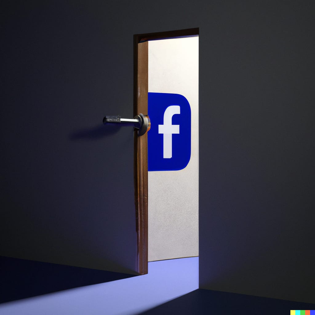 “facebook logo on an open door, digital art” / DALL-E