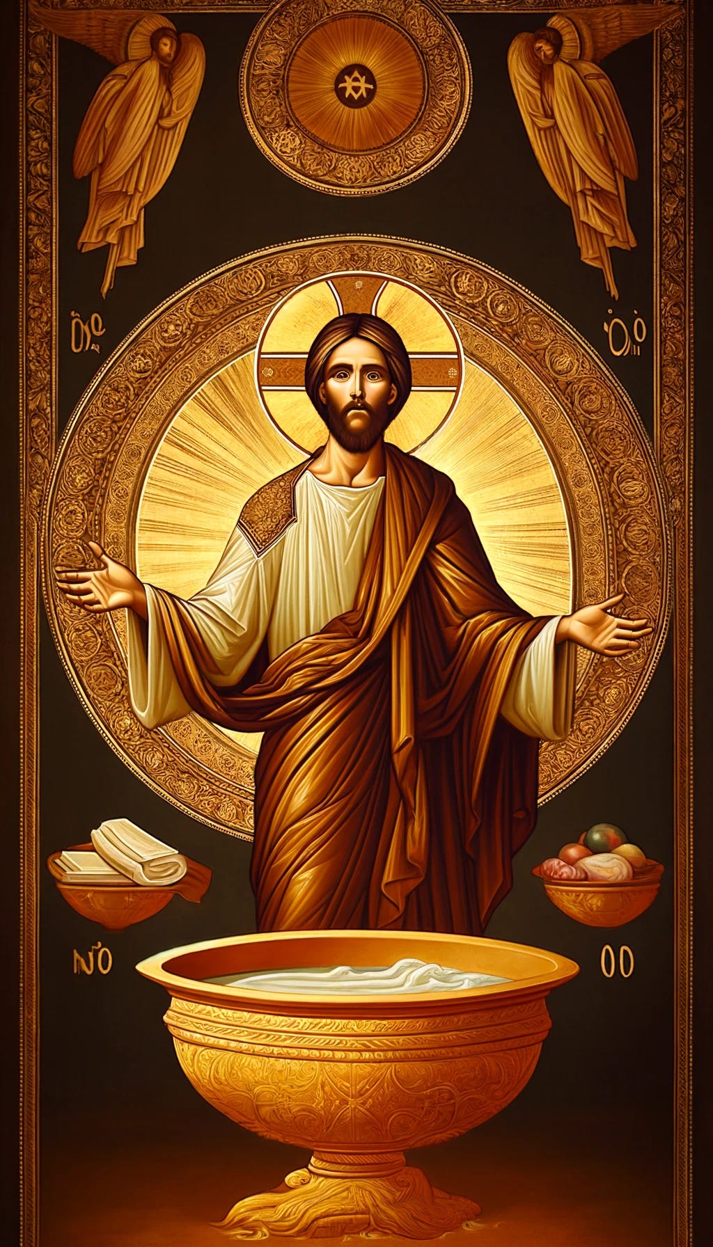 Create a traditionally iconographic image depicting Jesus' kenosis or self-emptying. Use classic Byzantine style with gold leaf accents and a solemn, reverent tone. Jesus should be depicted with a serene and humble expression, wearing simple robes and standing with open arms in a gesture of giving. Surround him with a radiant mandorla symbolizing divine glory. Include traditional iconographic elements such as a prominent halo, stylized facial features, and symbolic objects like a basin and towel at his feet. The background should feature a blend of rich, deep colors and gold to highlight the sacredness and significance of the scene.
