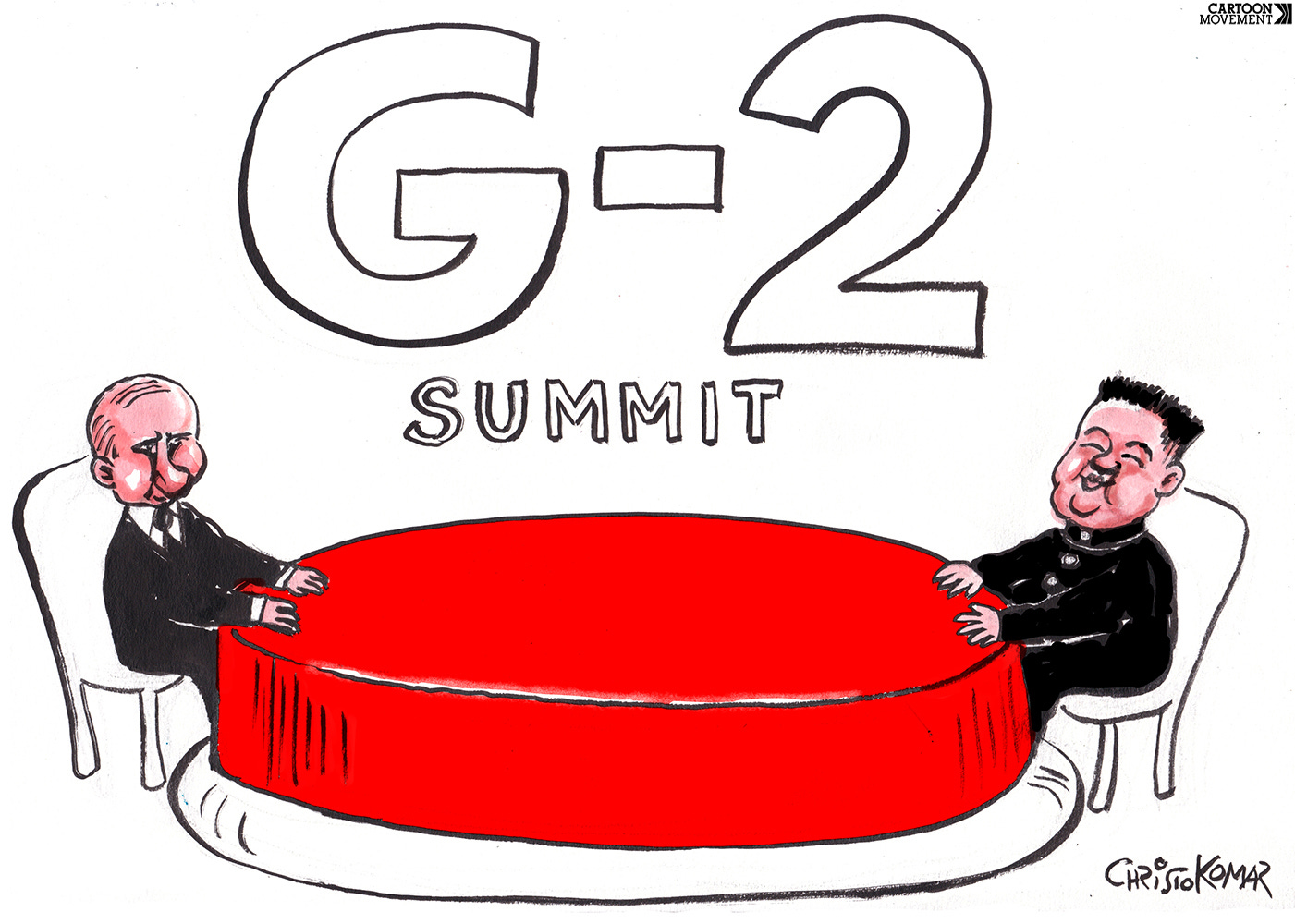 Cartoon showing a table with Putin sitting on one end and Kim Jong Un on the other end. Behind the table is a banner that reads: ‘G-2 Summit’. The table is a giant red button.