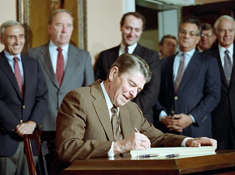 President Ronald Reagan signs the Immigration Reform and Control Act of 1986,  requiring employers to provide proof of employee status yet also legalizing  most undocumented immigrants who arrived since 1982. : r/neoliberal