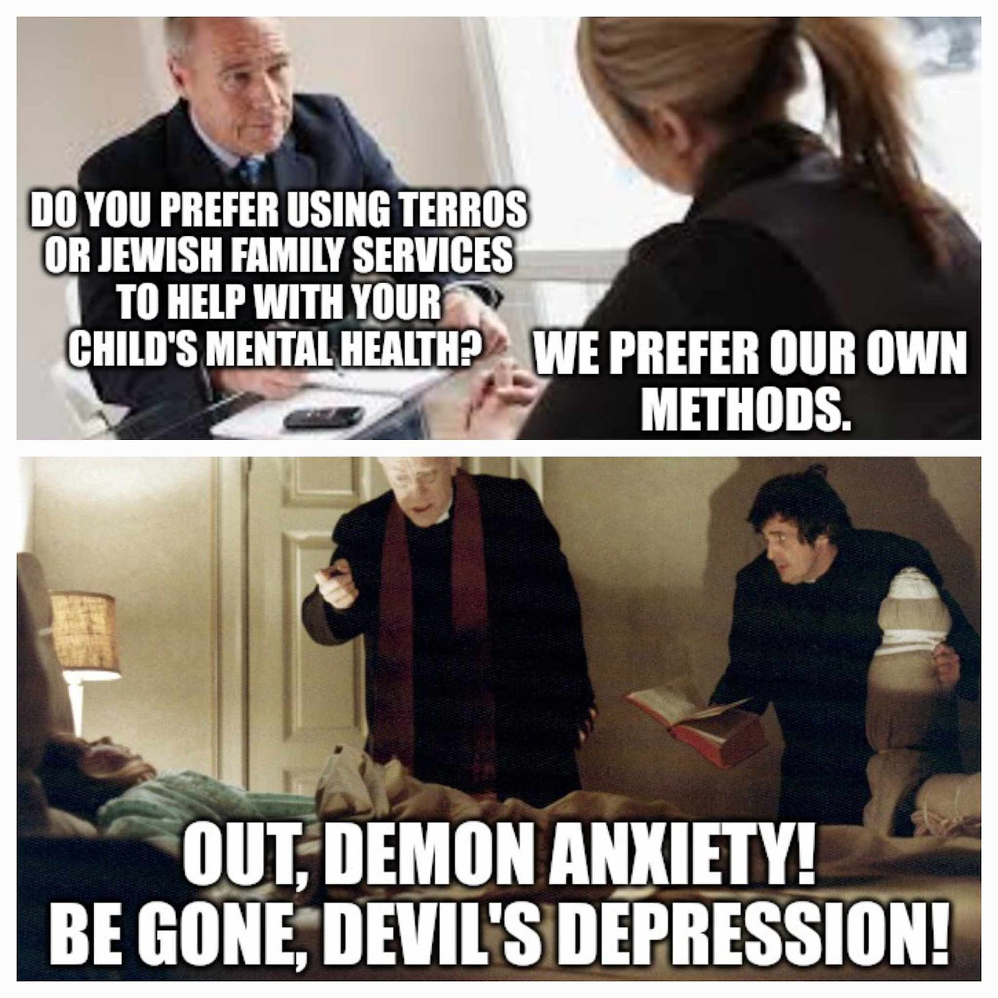 Top panel is photo of man in business suit speaking with women. He asks her "do you prefer using Terros or Jewish Family Services to help with your child's mental health? The women replies, "we prefer our own methods."The next panel shows these methods, which consist of priests doing an exorcism on a small child. The caption reads "Out, demon anxiety! Be gone, devil's depression!"